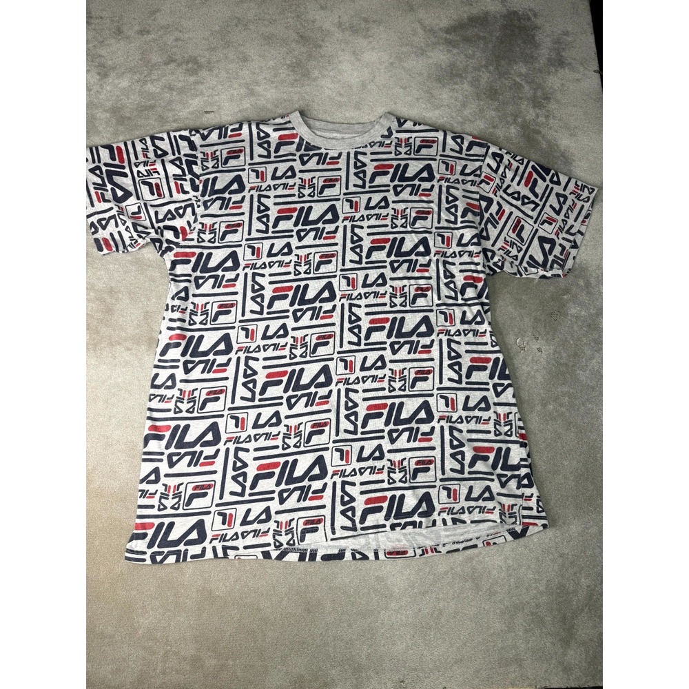 FILA T-Shirt Men 3XLT Gray All Over Repeating Logo Knit Cotton Casual Spell Out
